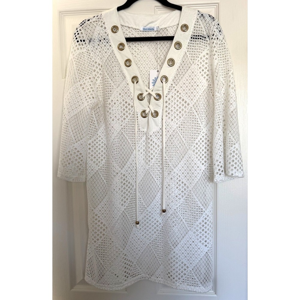 Blue Island Women's Medium White 3/4 Sleeve Mesh Knit Swimsuit Cover-Up Dress